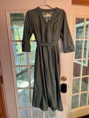 Midi Button-Front Olive Dress with Waist Tie